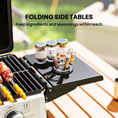 Outsunny 2 Burner Gas BBQ Grill with Foldable Side Tables, Portable Tabletop Gas Barbecue Grill with Built-in Thermometer, Lid, Grease Tray for Garden Party Camping Picnic Outdoor Cooking 5.6KW, Black 