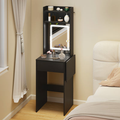 HOMCOM Small Vanity Desk with Mirror and LED Lights, Compact Dressing Table with Drop Leaf, Open Shelves and Drawer, Black 