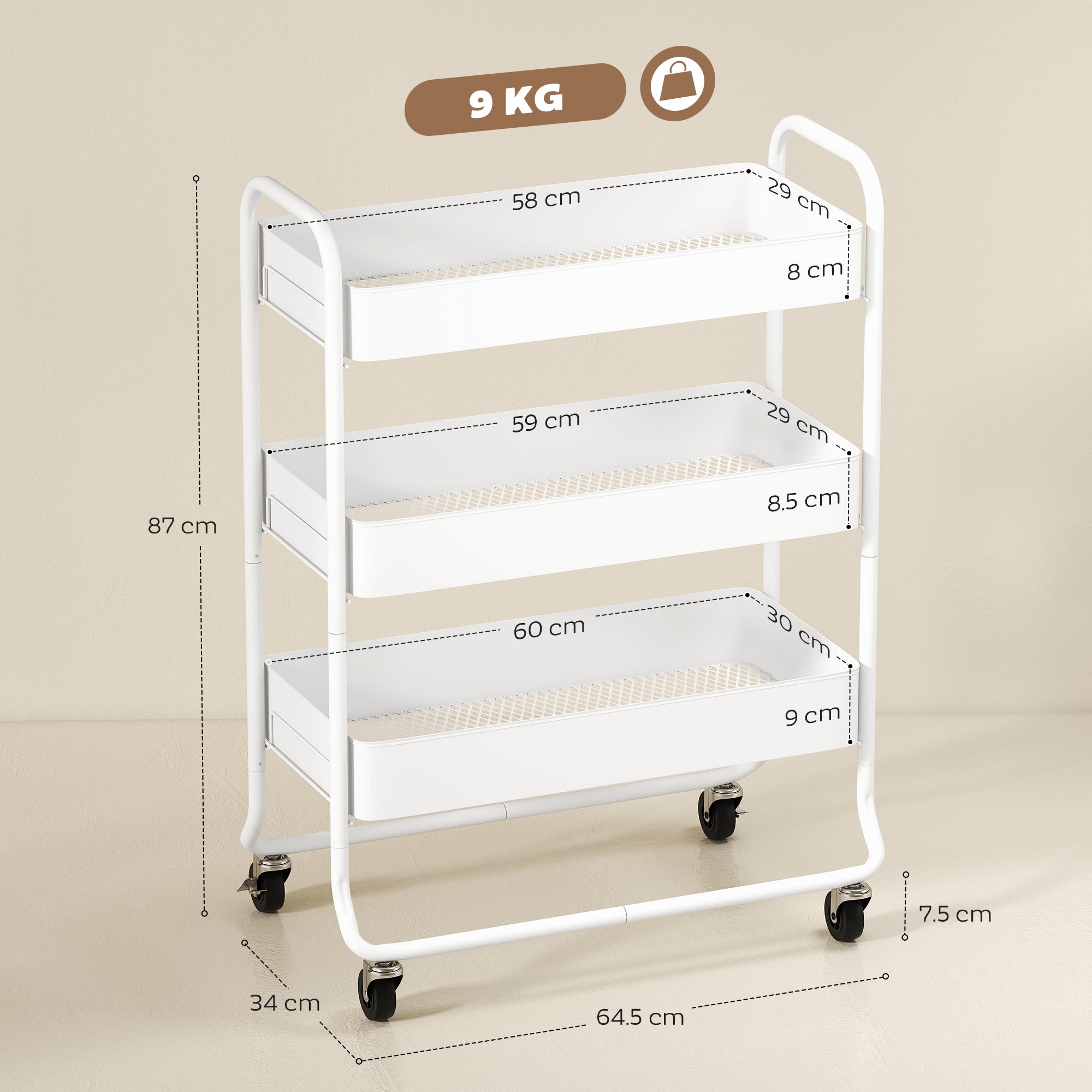 HOMCOM 3-Tier Storage Trolley on Wheels, Rolling Utility Cart with Mesh Backets for Kitchen, Bathroom, Bedroom, White 