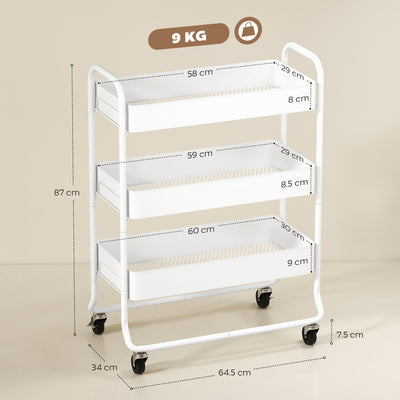 HOMCOM 3-Tier Storage Trolley on Wheels, Rolling Utility Cart with Mesh Backets for Kitchen, Bathroom, Bedroom, White 