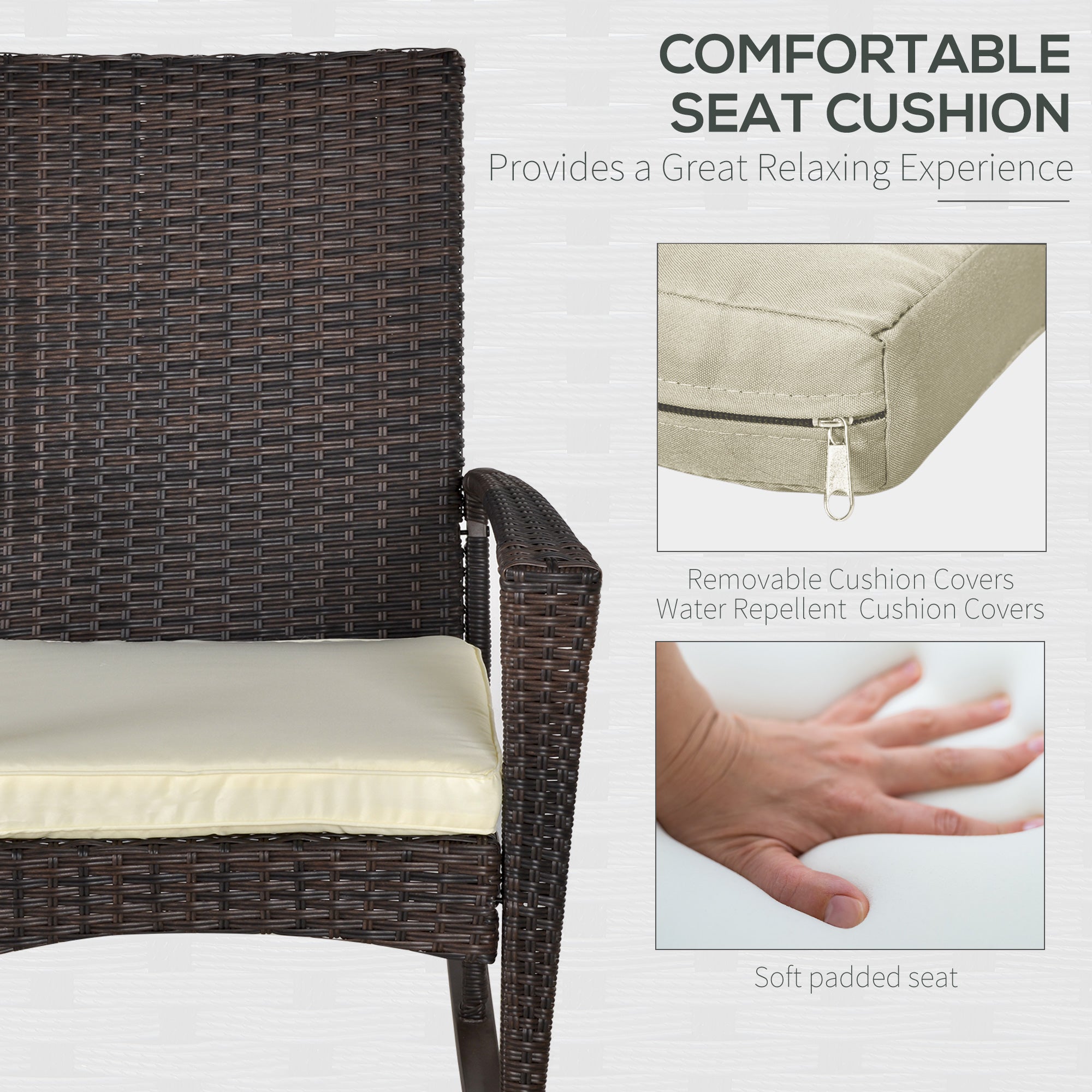 Outsunny PE Rattan Garden Rocking Chair, Outdoor Rocking with Cushion, 160 KG Capacity Wicker Garden Armchair Rocker with Metal Frame for Patio, Porch, Balcony, Brown 