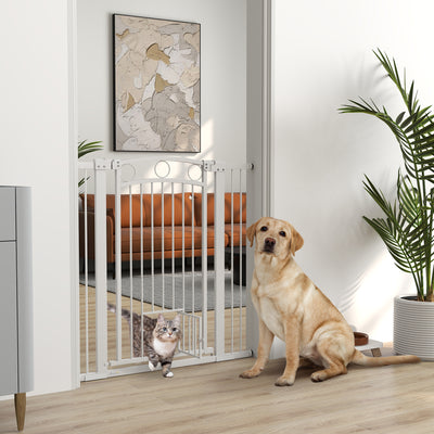 PawHut 106cm Tall Dog Gate with Cat Door, 7cm and 14cm Extensions, for Stairs, Doorways, 76-104cm Width 