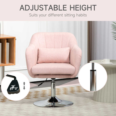 HOMCOM Swivel Linen Fabric Accent Chair for Living Room Contemporary Vanity Armchair with Adjustable Height Thick Cushion Lumbar Support Armrest for Bedroom Office Pink 