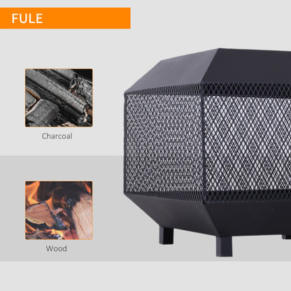 Outsunny Metal Square Fire Pit Outdoor Mesh Firepit Brazier w/ Lid, Log Grate, Poker for Backyard, Camping, Bonfire, Wood Burning Stove, 44 x 44 x 40cm, Black 