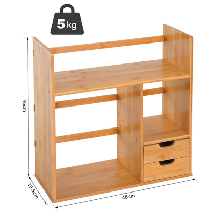HOMCOM Desk Organiser Compartments Desktop Bookshelf Stationery Storage Shelf Document File Holder with 2 Drawers 2-way Reversed Use Bamboo 