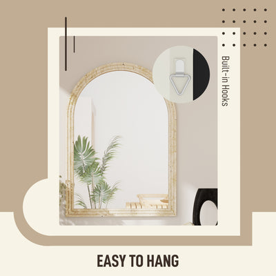 HOMCOM Arched Wall Mirror with Grooved Edge & Hooks, Wall-Mounted Mirror, Modern Tempered Glass & Polystyrene Beige 