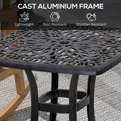 Outsunny Cast Aluminium Bistro Table, Outdoor Square Side Table with Umbrella Hole, Garden Table for Balcony, Bronze Tone
