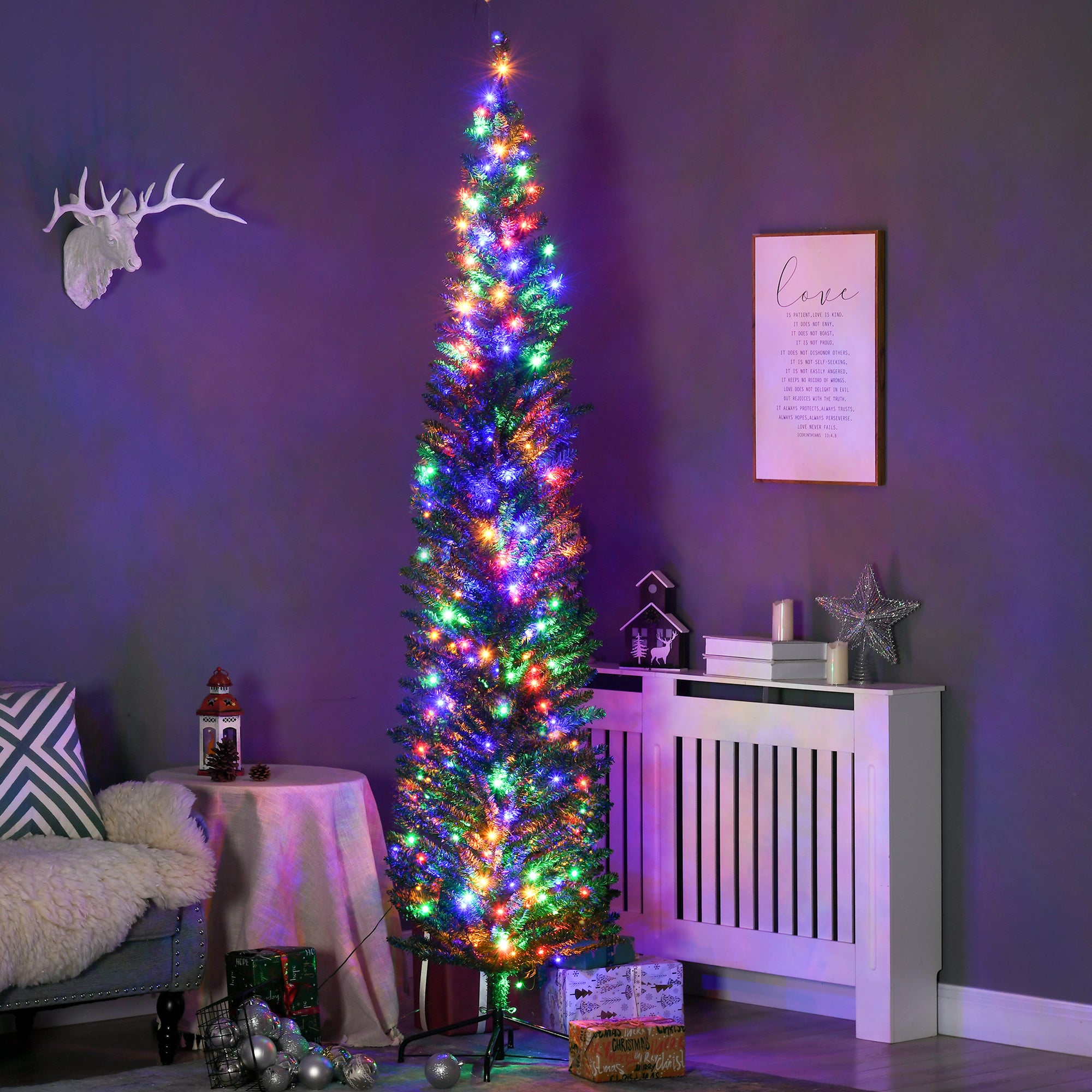 HOMCOM 7.5' Artificial Prelit Christmas Trees Holiday D\'c3\'a9cor with Colourful LED Lights, Pencil Shape, Steel Base