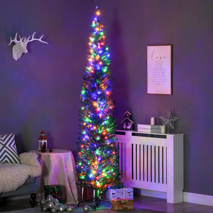 HOMCOM 7.5' Artificial Prelit Christmas Trees Holiday D\'c3\'a9cor with Colourful LED Lights, Pencil Shape, Steel Base