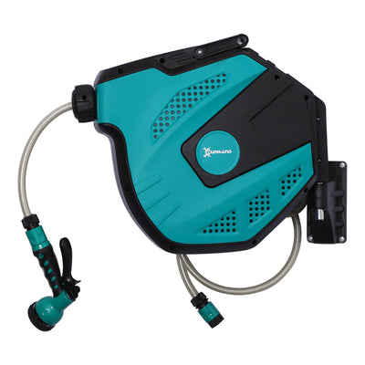 DURHAND 15m Garden Auto Hose Reel Wall Mounted Retractable 7 Patterns Spray Nozzle 