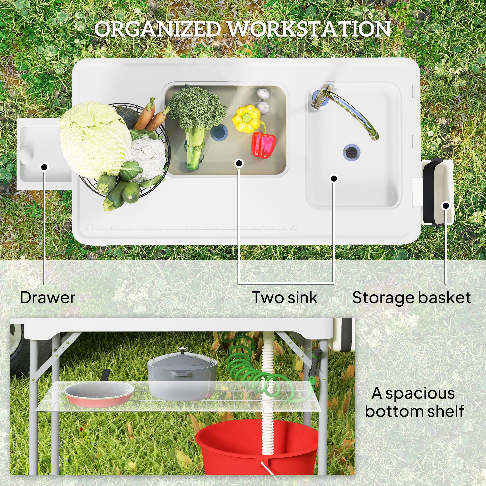 Outsunny Folding Fish Cleaning Table with Sinks, Portable Camping Sink Table with Faucet, Drainage Hose 