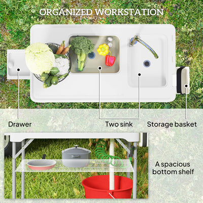 Outsunny Folding Fish Cleaning Table with Sinks, Portable Camping Sink Table with Faucet, Drainage Hose 