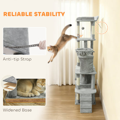 PawHut 170 cm Large Cat Tree, Cat Tower with 7 Scratching Posts, 2 Condos, Hammock,  Light Grey 
