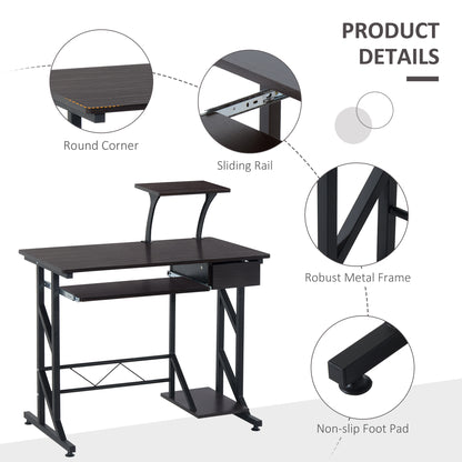 HOMCOM Computer Desk with Display Stand, Sliding Keyboard Tray Drawer and Host Box Shelf Home Office Workstation Dark Brown 
