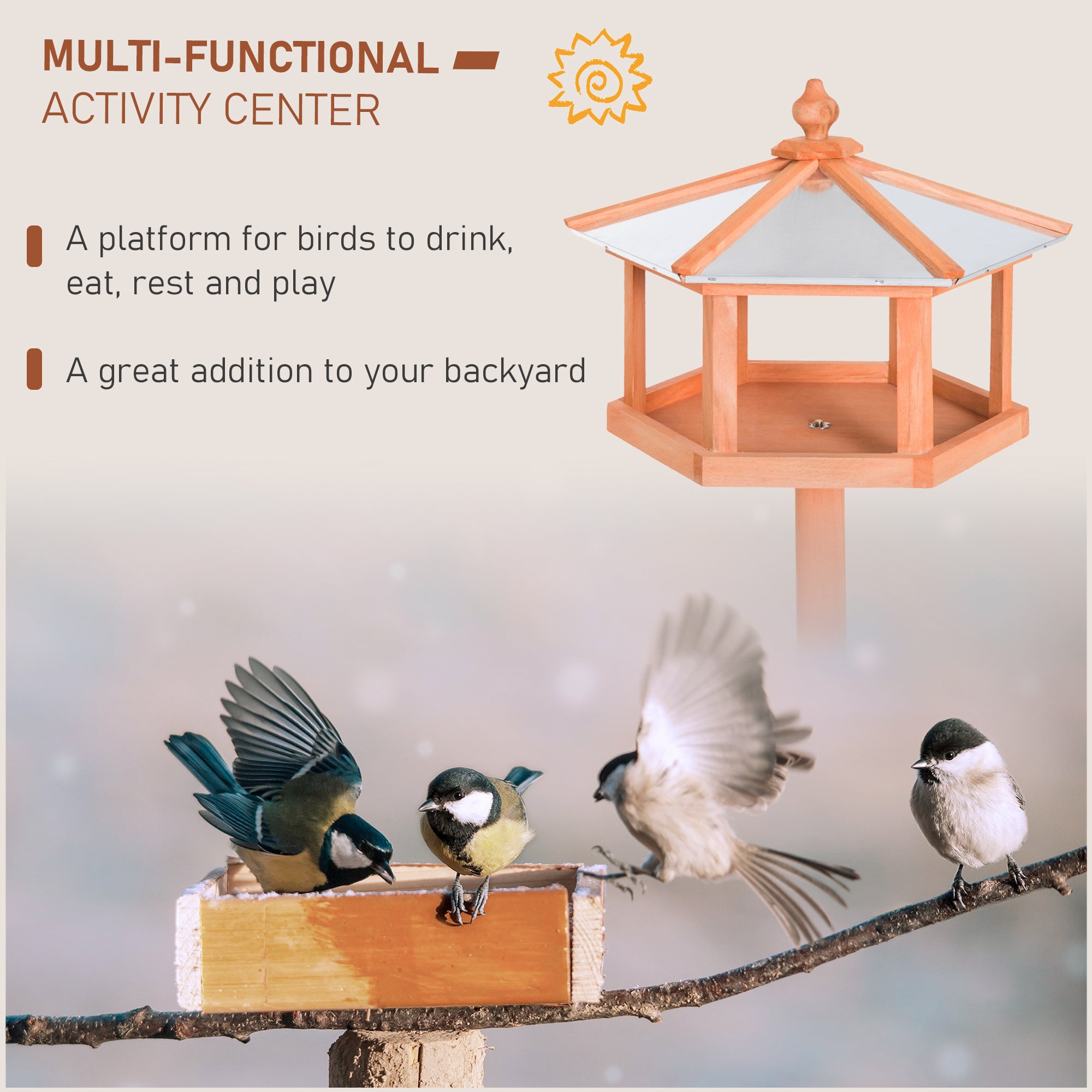 PawHut Wooden Bird Table Free Standing Feeder Garden Sheltered Feeding Station Parrot Stand Birdhouse Φ40x113cm 