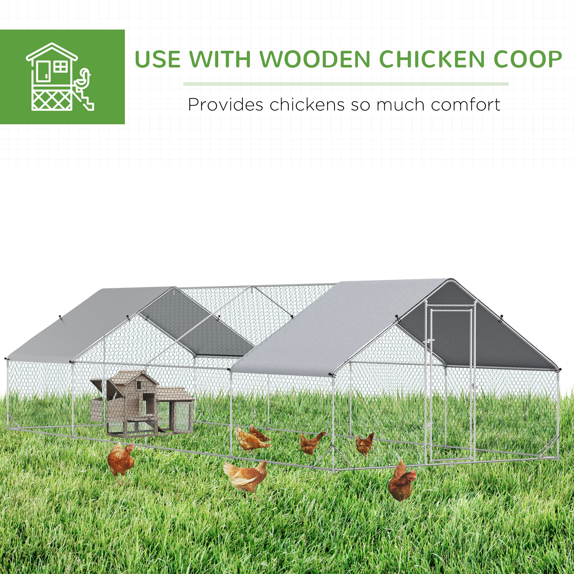 PawHut Chicken Run Galvanised Walk-in Chicken Coop Hen Poultry House Cage Rabbit Hutch with Water-Resist Cover, 3 x 8 x 2m 