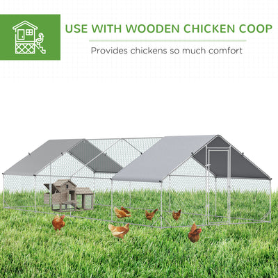 PawHut Chicken Run Galvanised Walk-in Chicken Coop Hen Poultry House Cage Rabbit Hutch with Water-Resist Cover, 3 x 8 x 2m 