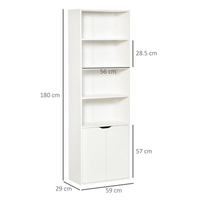 HOMCOM 6-Tier Tall Bookcase, Bookshelf with 4 Open Shelves and Double Door Storage Cabinet, Freestanding Display Rack for Living Room, Bedroom, Home Office, Study, 59 x 29 x 180cm, White 