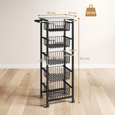 HOMCOM Five Basket Mobile Kitchen Island, with Brakes - Grey/Black 