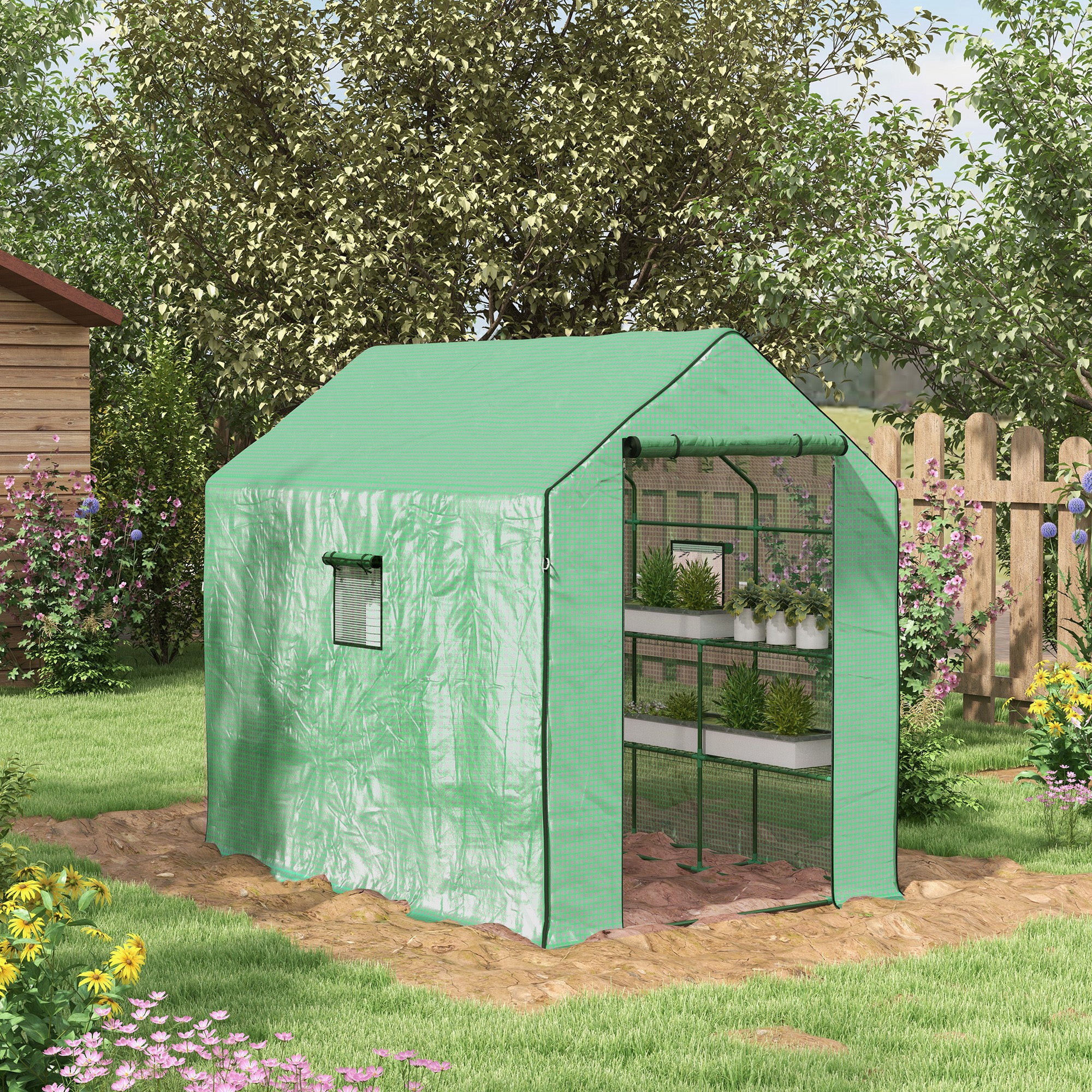Outsunny Walk-in Greenhouse with 3 Tier 12 Shelves, Small Greenhouse with Reinforced PE Cover, Garden Plant Growhouse with Roll-up Door and Three Mesh Windows, 140 x 213 x 190 cm, Green 