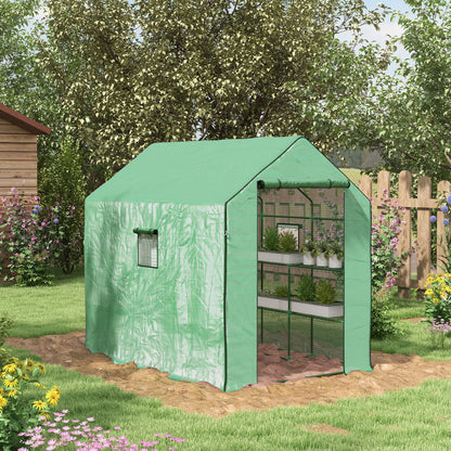 Outsunny Walk-in Greenhouse with 3 Tier 12 Shelves, Small Greenhouse with Reinforced PE Cover, Garden Plant Growhouse with Roll-up Door and Three Mesh Windows, 140 x 213 x 190 cm, Green 