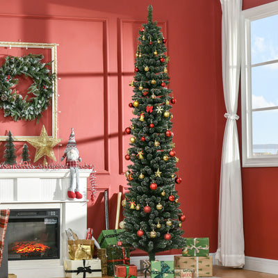 HOMCOM 7.5FT Artificial Snow Dipped Christmas Tree Xmas Pencil Tree Holiday Home Indoor Decoration with Foldable Black Stand, Green 