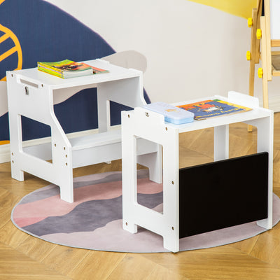 HOMCOM 2 in 1 Kids Kitchen Step Stool with Safety Rail Toddler Steps with Chalkboard for Kitchen Bathroom, White 