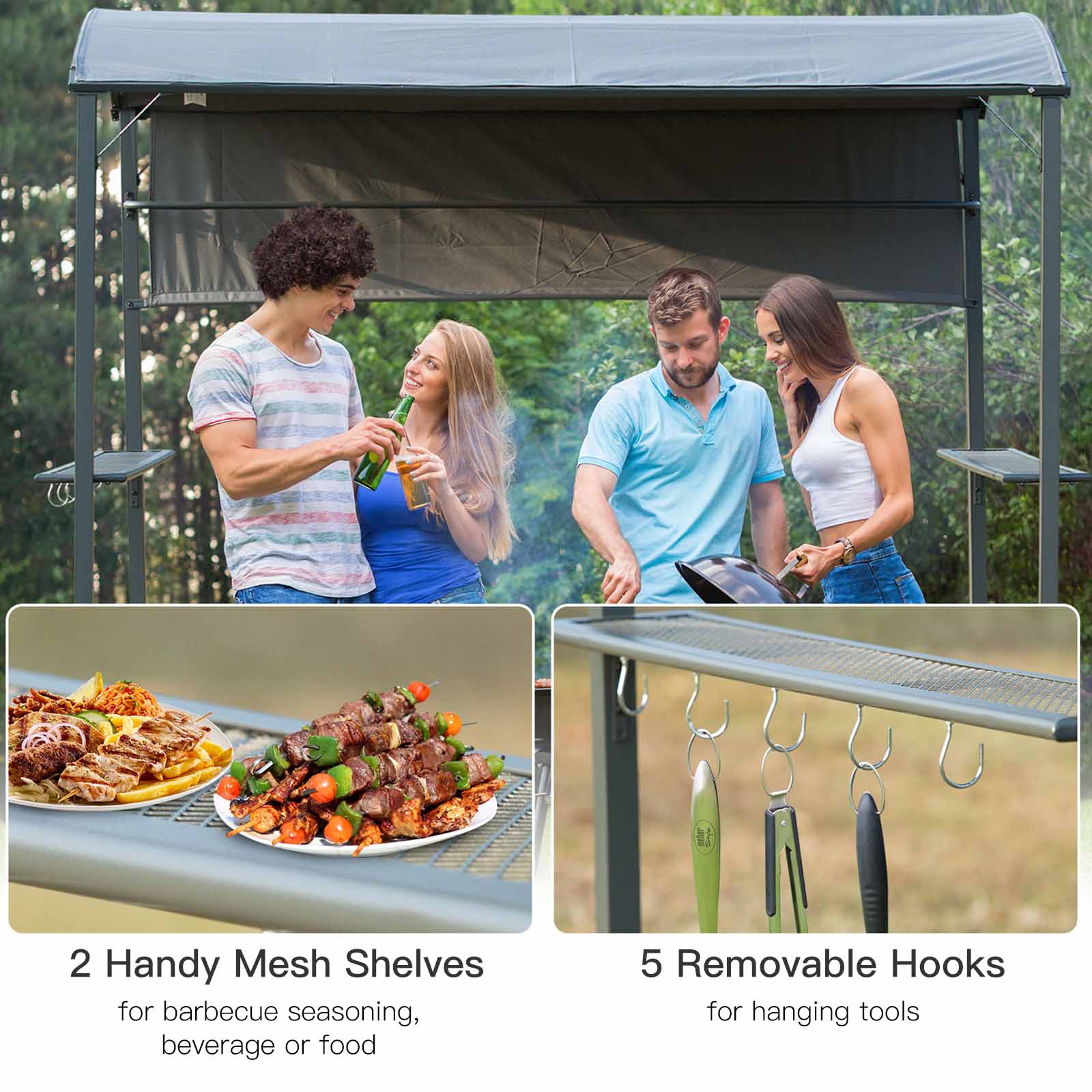 Outsunny 2.2 x 1.4m BBQ Shelter, Outdoor Grill Gazebo Canopy with Shelves, Hanging Hooks, and Metal Frame, for Garden Patio Backyard 