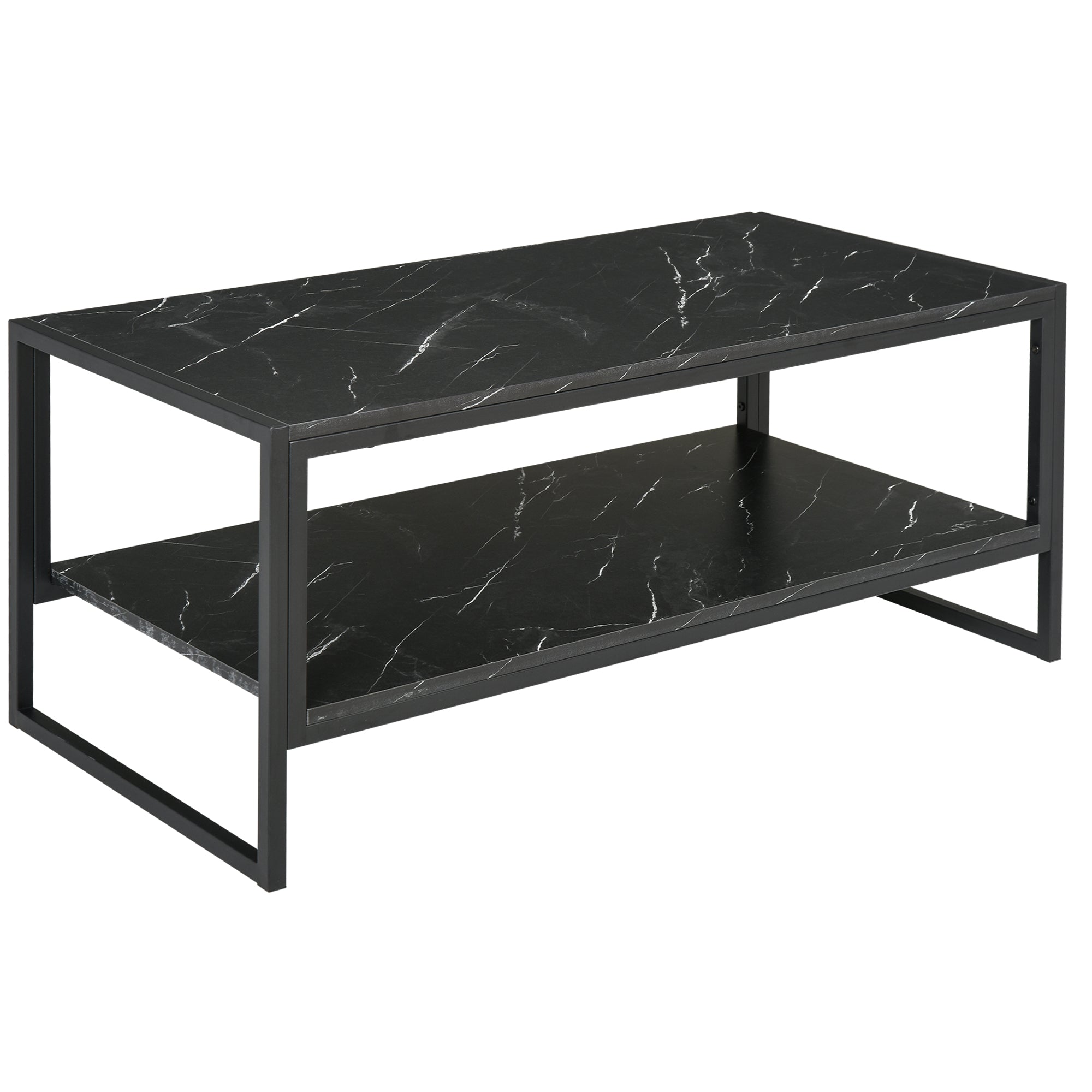 HOMCOM Coffee Table, Two-Tier Marble Centre Table with Metal Frame and Storage Shelf for Living Room, 106 x 50 x 45cm, Black 