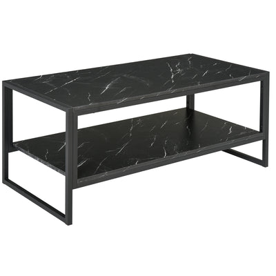 HOMCOM Coffee Table, Two-Tier Marble Centre Table with Metal Frame and Storage Shelf for Living Room, 106 x 50 x 45cm, Black 