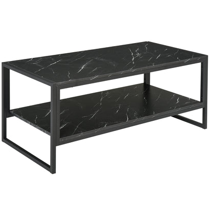 HOMCOM Coffee Table, Two-Tier Marble Centre Table with Metal Frame and Storage Shelf for Living Room, 106 x 50 x 45cm, Black 