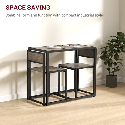 HOMCOM Dining Table and Chairs Set 2, Dining Room Sets, Rectangular Space Saving Table and 2 Chairs for Compact Kitchens, Steel Frame, Grey Wood-Effect 