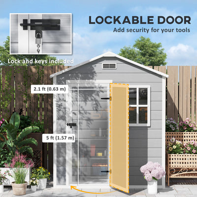 Outsunny 6 x 4ft Garden Shed, Plastic Shed with Floor, Window, Lockable Door and Vents, Wood Effect Resin Tool Shed for Outdoor, Grey 
