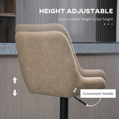 HOMCOM Retro Bar Stools Set of 2, Adjustable Kitchen Stool, Upholstered Bar Chairs with Back, Swivel Seat, Light Khaki 