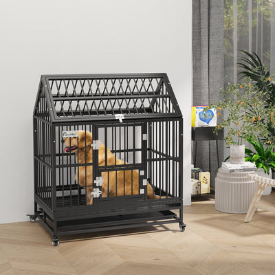 PawHut 43" Heavy Duty Dog Crate on Wheels, with Removable Tray, Openable Top 