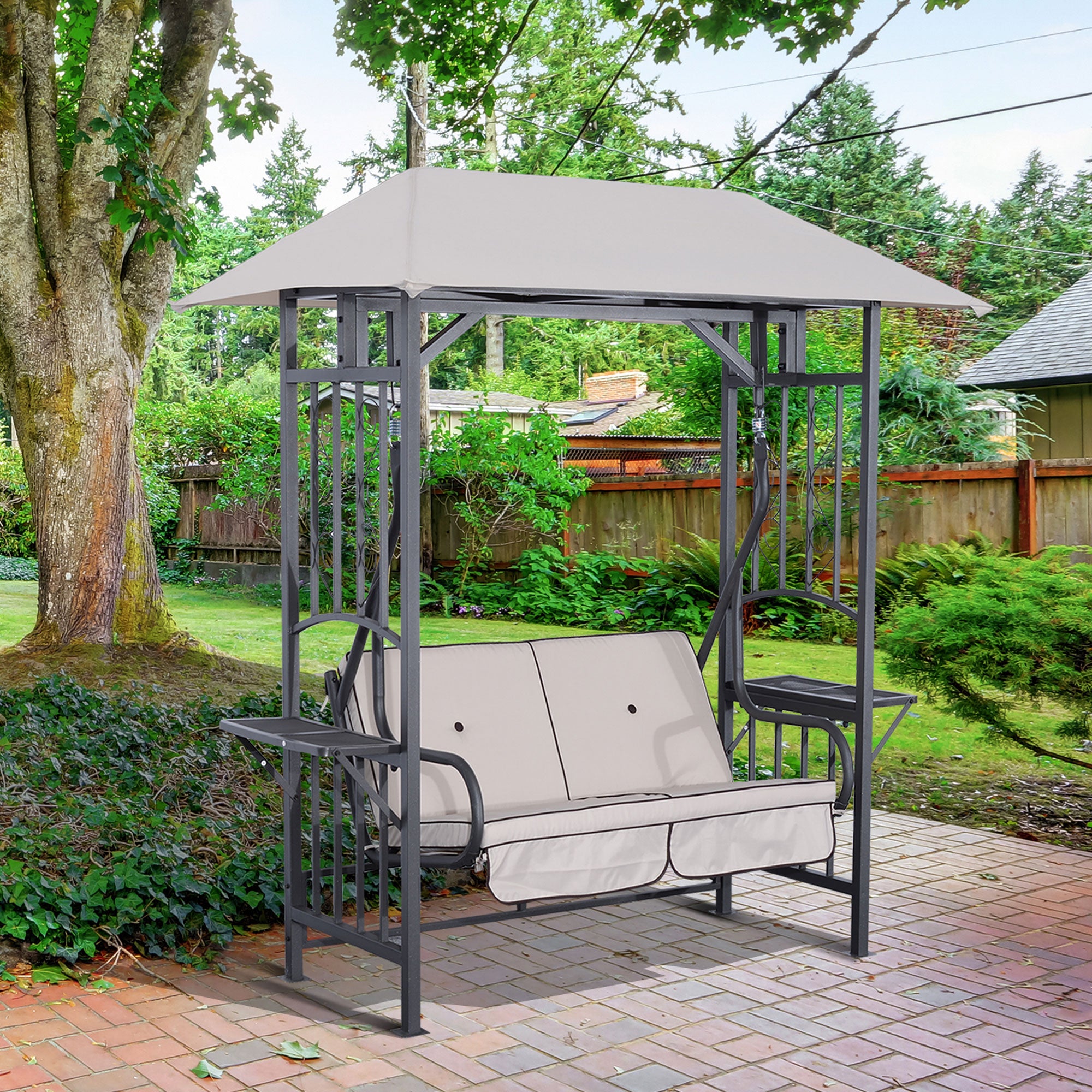 Outsunny Outdoor Garden 2 Seater Canopy Swing Chair Seat Porch Loveseat Vintage Hammock Cushioned Seat w/ and Side Drink Panel 