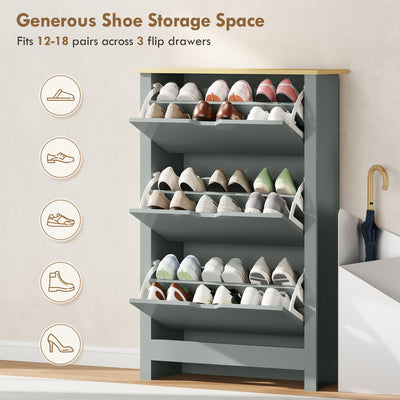 HOMCOM Slim Shoe Cabinet, Narrow Shoe Cupboard with 3 Flip Drawers, Adjustable Shelves for 18 Pairs of Shoes, Light Grey 