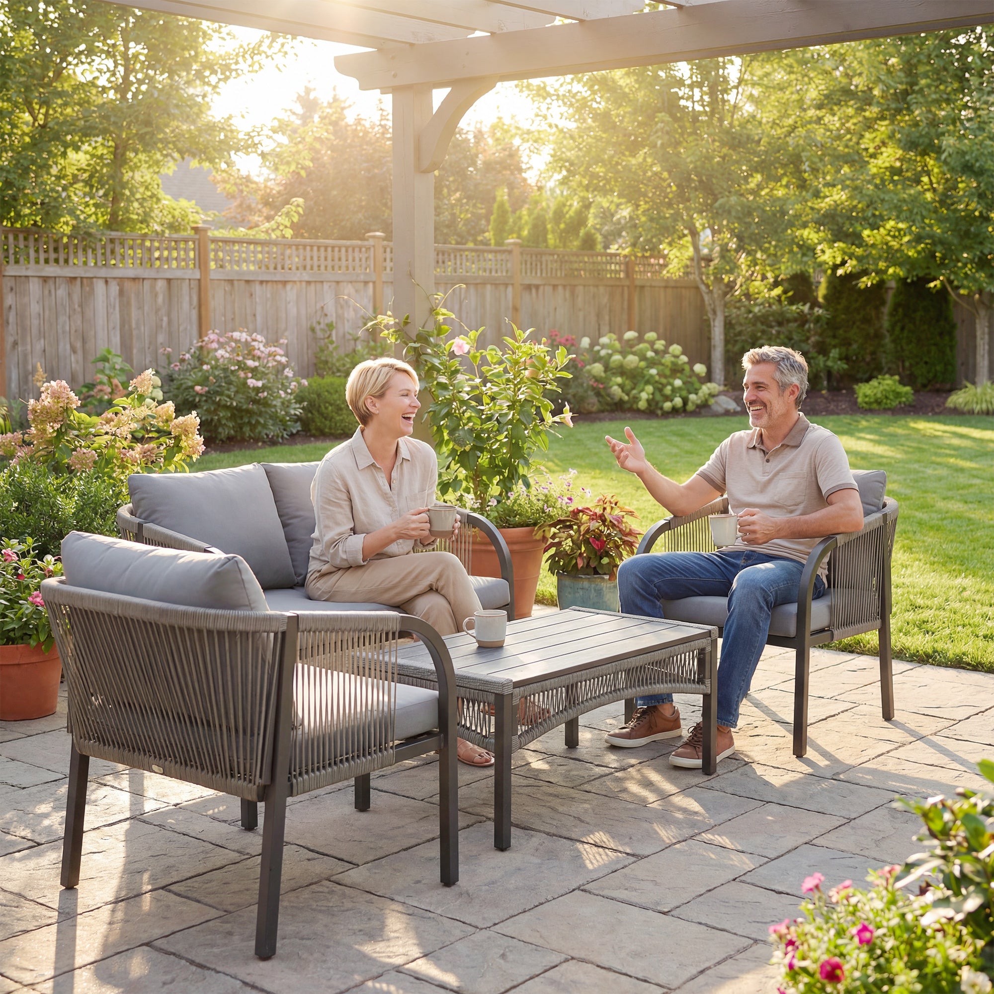 Outsunny 4 Piece Rattan Garden Furniture Set with Loveseat, Armchairs, Table, Steel Frame Wicker Patio Conversation Set, Grey 