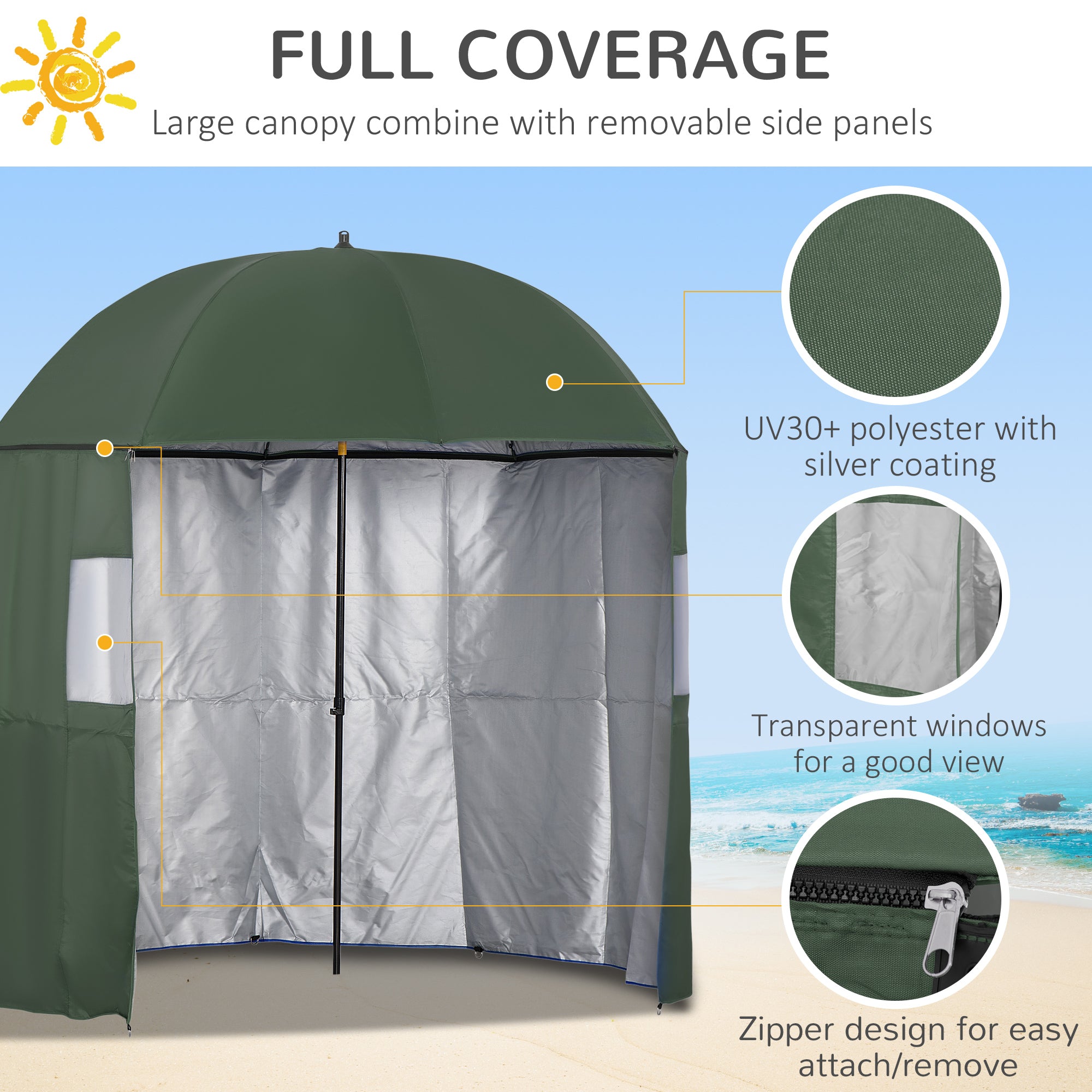Outsunny 2m Beach Parasol Fishing Umbrella Brolly with Sides and Push Botton Tilt Sun Shade Shelter with Carry Bag, UV30+, Green 