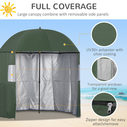 Outsunny 2m Beach Parasol Fishing Umbrella Brolly with Sides and Push Botton Tilt Sun Shade Shelter with Carry Bag, UV30+, Green 
