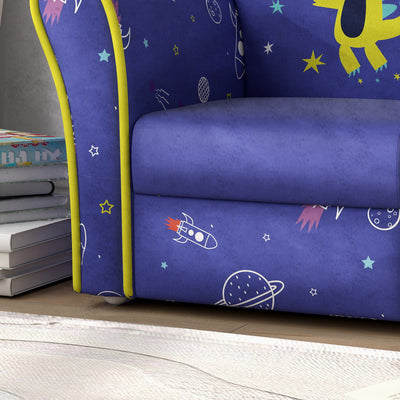 AIYAPLAY Kids Armchair with Planet Dinosaurs Design, Wooden Frame, for Bedroom, Playroom, Kids Room - Blue 