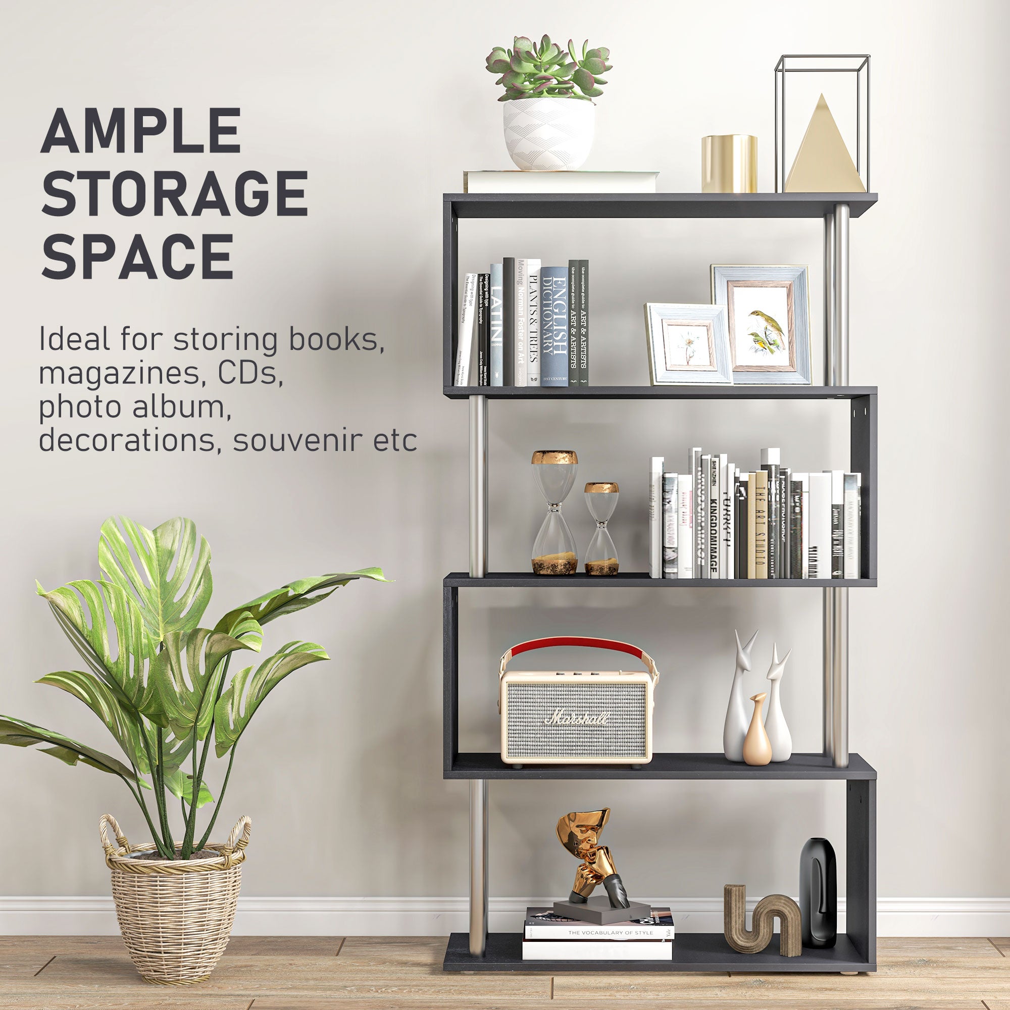 HOMCOM S Shape Bookcase, 5 Tiers Bookshelf, Modern Freestanding Storage Shelf for Home Office, Study, Living Room, 80 x 30 x 145cm Black 