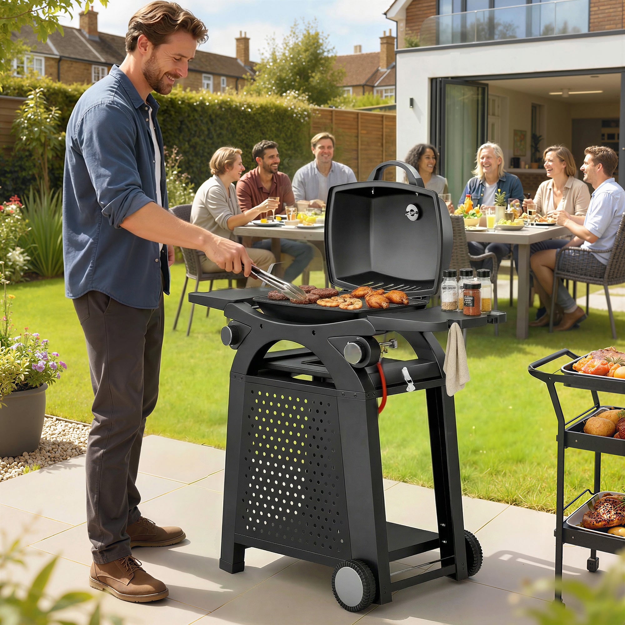 Outsunny 2 Burner Gas Grill with 2 Side Tables, 3.8 KW Barbecue Grill with Cast Iron Grates, 2-in-1 Tabletop BBQ with Wheels 
