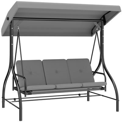 Outsunny 3 Seater Canopy Swing Chair, 2 in 1 Garden Swing Seat Bed, with Adjustable Canopy and Metal Frame, Light Grey 