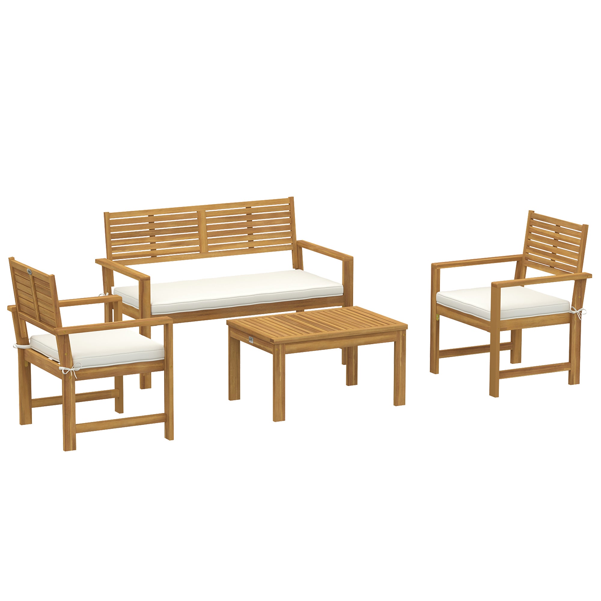 Outsunny 4 Seater Wooden Garden Furniture Set with Loveseat, Armchairs, Table, Acacia Wood Garden Sofa Set, Cream White 