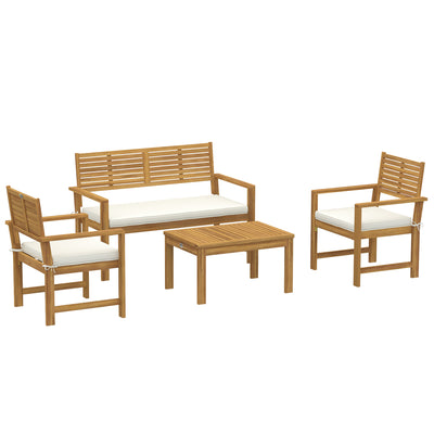 Outsunny 4 Seater Wooden Garden Furniture Set with Loveseat, Armchairs, Table, Acacia Wood Garden Sofa Set, Cream White 