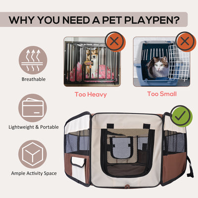 PawHut Portable Cat Dog Playpen Pet Puppy Rabbit Guinea Pig Pen Run Dia 90 x 41H cm Indoor & Outdoor Brown 