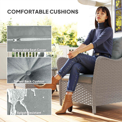 Outsunny Rattan Garden Chairs Set of 2, Outdoor Rattan Chairs with Cushions, Armrests and High Back, PE Wicker Garden Armchair with Steel Frame for Balcony, Porch, Light Grey 