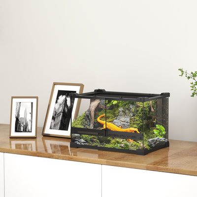 PawHut Reptile Glass Terrarium with Stone Background, Front Ventilation, Escape-Proof Knob Lock, 30 x 20 x 20 cm, Black 