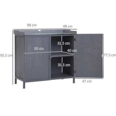 Outsunny Garden Storage Cabinet, Outdoor Tool Shed, Potting Bench Table with Galvanized Top and Two Shelves for Yard Tools or Pool Accessories, Grey 